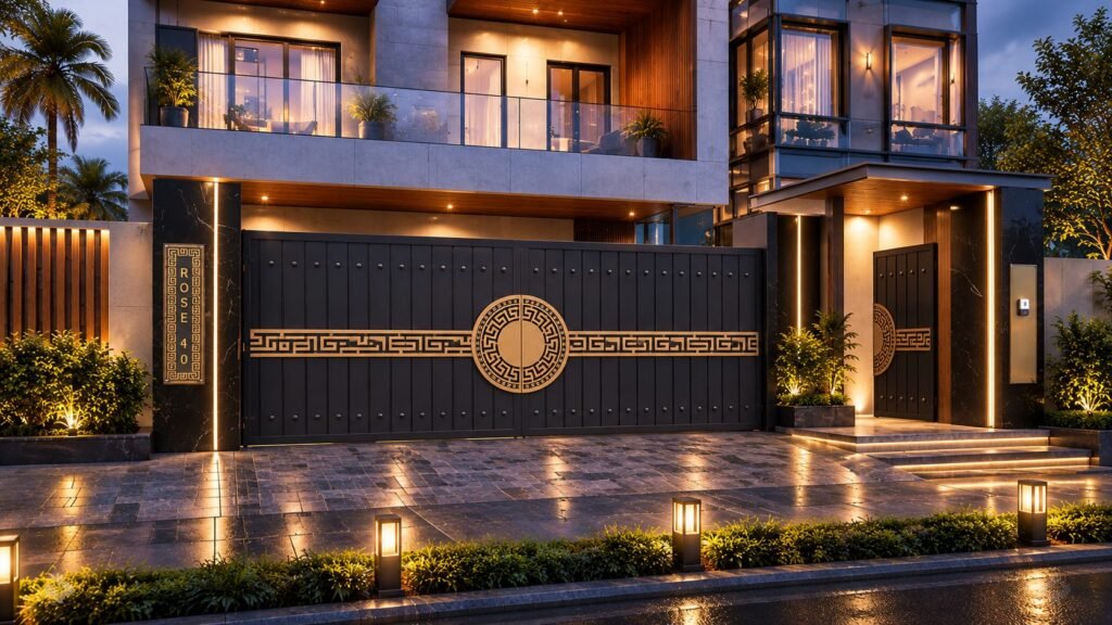 Luxury villa facade and entrance gate with warm night lighting designed by Abacus Design Studio