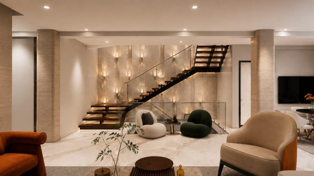 Modern living room with floating wooden staircase and marble flooring by Abacus Design Studio