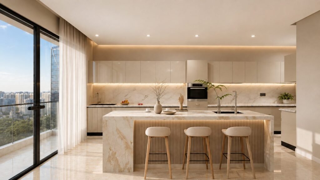 Modern kitchen with marble island and floor-to-ceiling windows, interior design by Abacus Design Studio