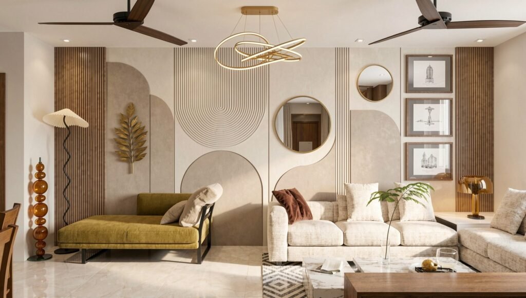 Living room with arched backlit feature wall and brass chandelier by Abacus Design Studio
