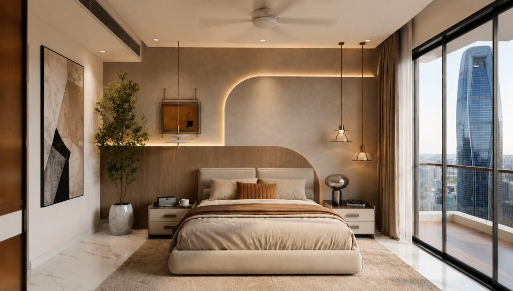 Luxury master bedroom with curved backlit headboard wall by Abacus Design Studio