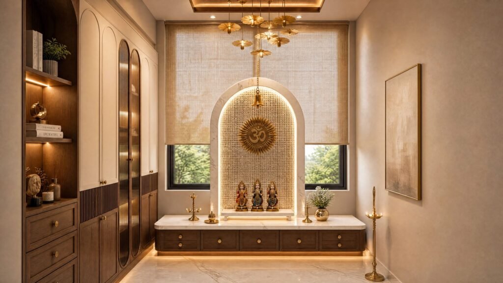 Pooja room with arched backlit mandir and wooden storage by Abacus Design Studio