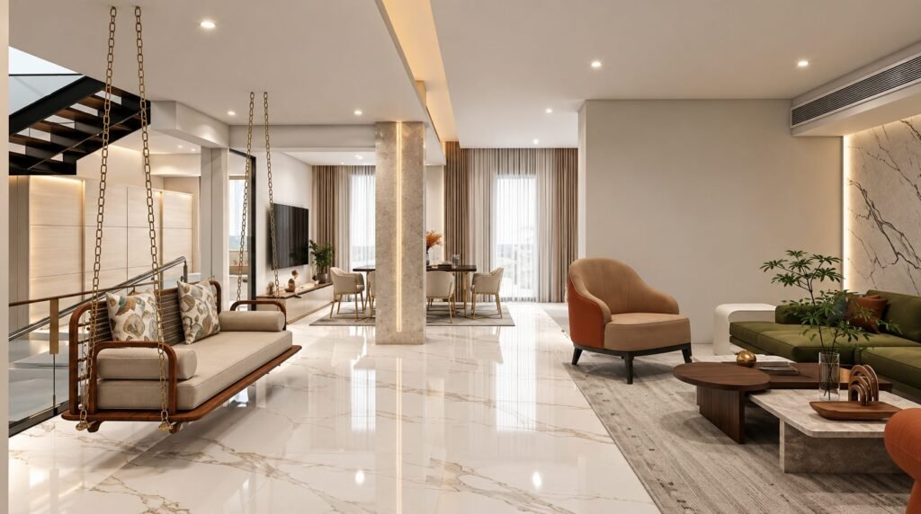 Living room with wooden jhoola swing and marble flooring by Abacus Design Studio