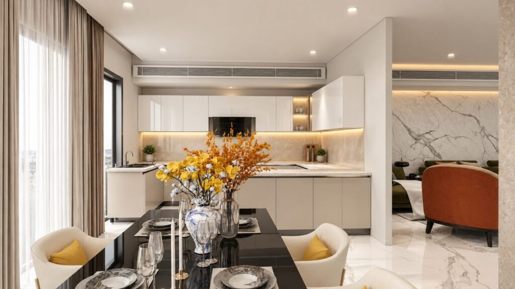 Dining area with black glass table and open modular kitchen by Abacus Design Studio