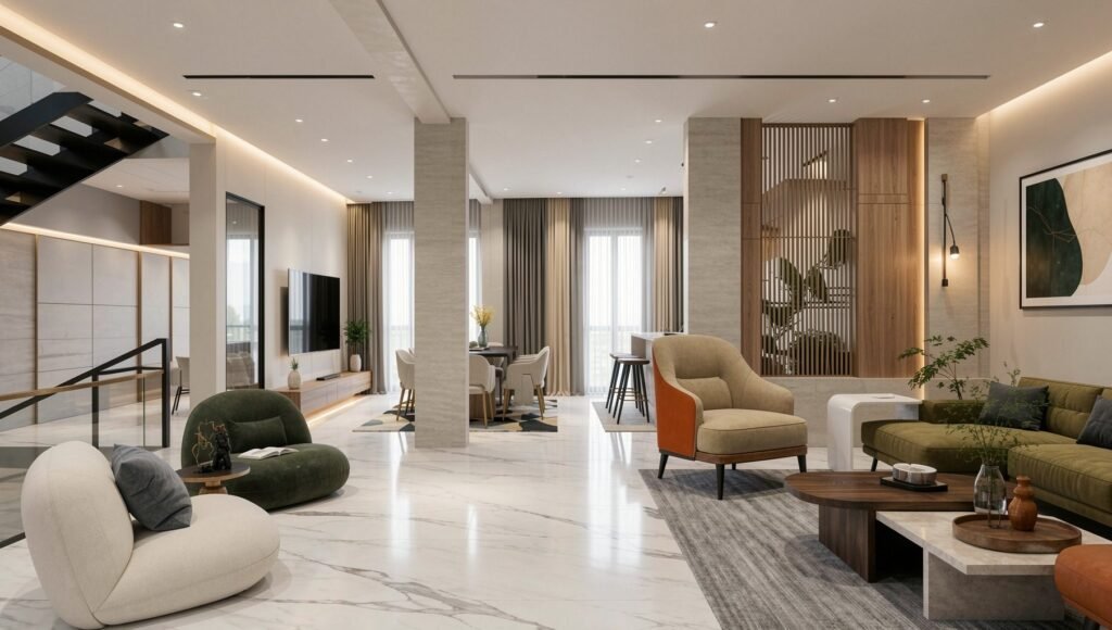 Spacious double-height living lounge with marble flooring by Abacus Design Studio