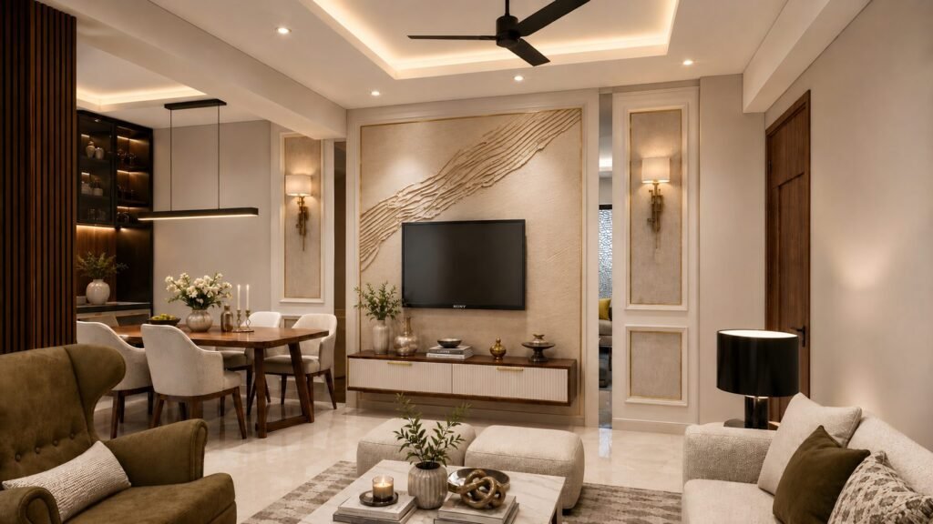 Classic living room with textured TV wall and dining area by Abacus Design Studio