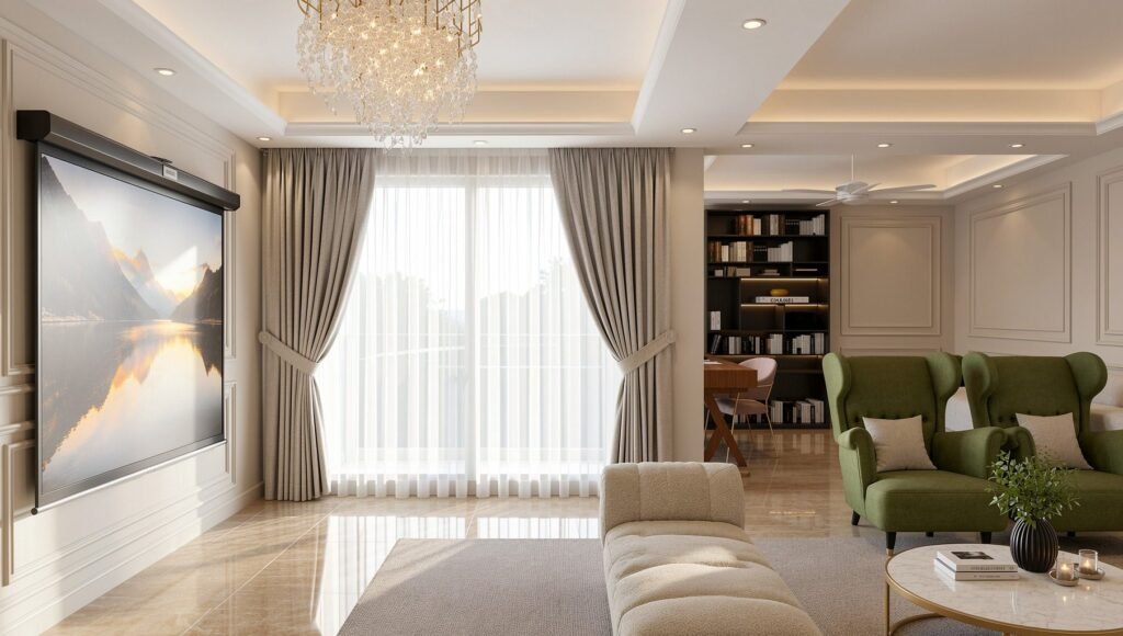 Family lounge with projector screen, chandelier and green armchairs by Abacus Design Studio