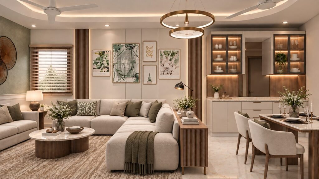 Open living and dining room with gallery wall and ring chandelier by Abacus Design Studio