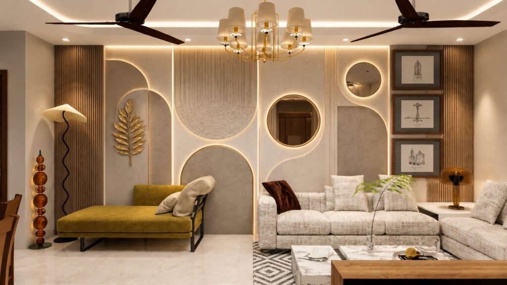 Living room with circular mirrors, fluted panels and chandelier by Abacus Design Studio