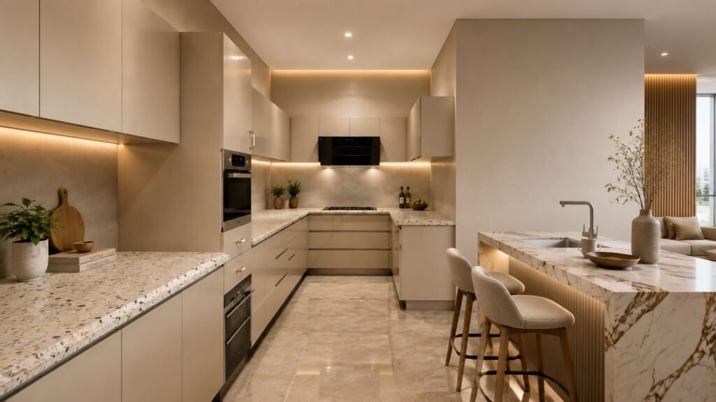 Modular kitchen with marble breakfast island and bar stools by Abacus Design Studio