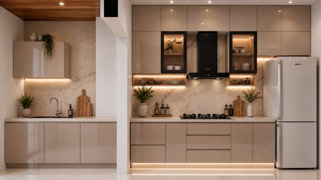Modular kitchen with profile glass shutters and under-cabinet lighting by Abacus Design Studio