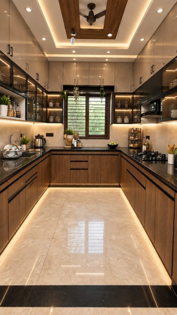U-shaped wooden modular kitchen with cove lighting by Abacus Design Studio