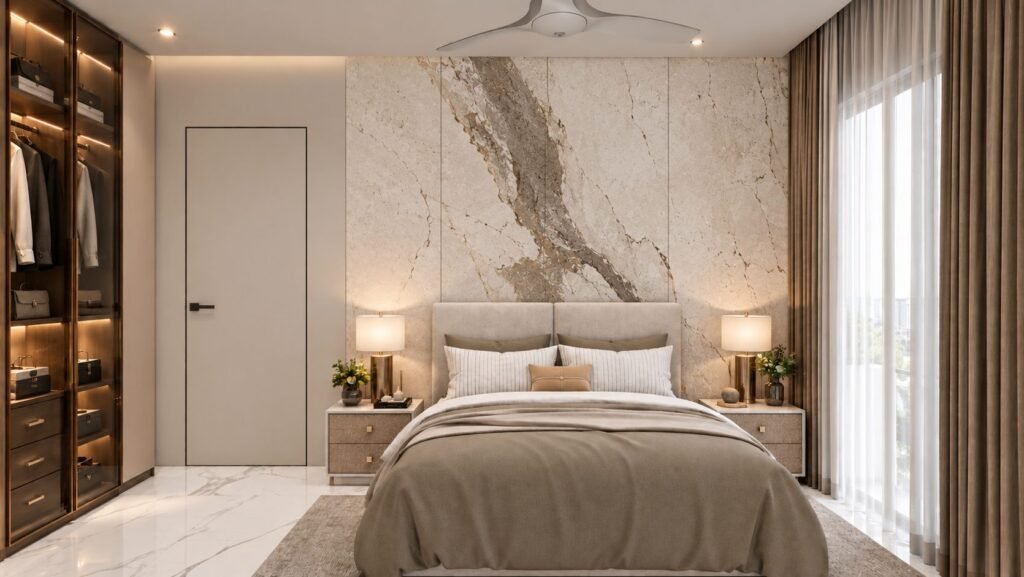 Bedroom with marble feature wall and lit wardrobe by Abacus Design Studio