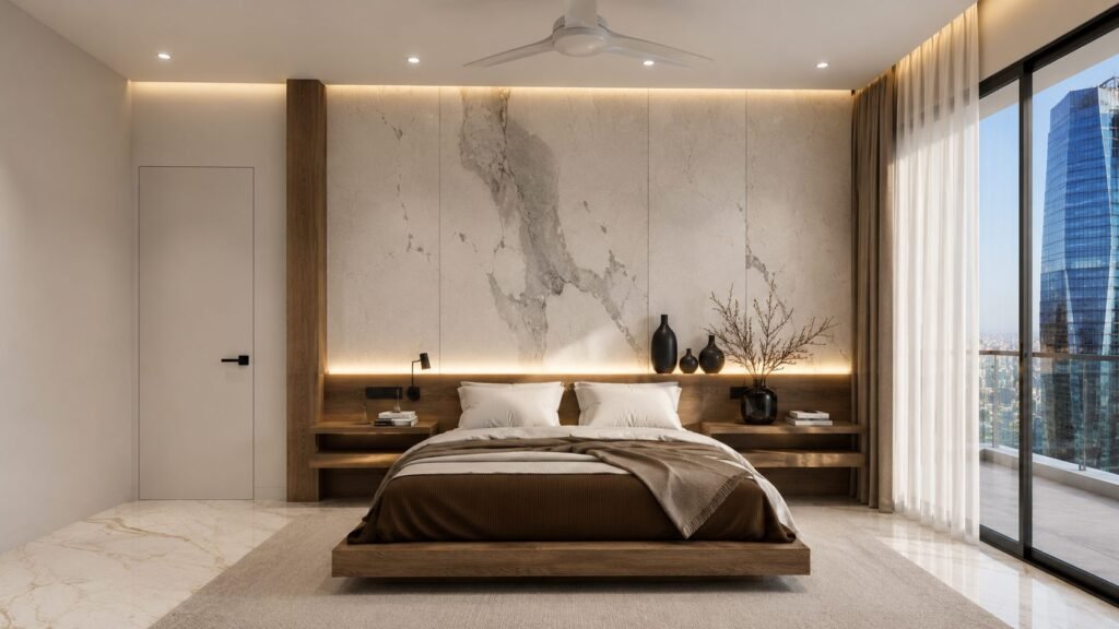 Bedroom with floating bed, marble wall and city-view balcony by Abacus Design Studio