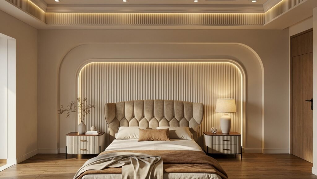Bedroom with arched cove-lit fluted headboard wall by Abacus Design Studio