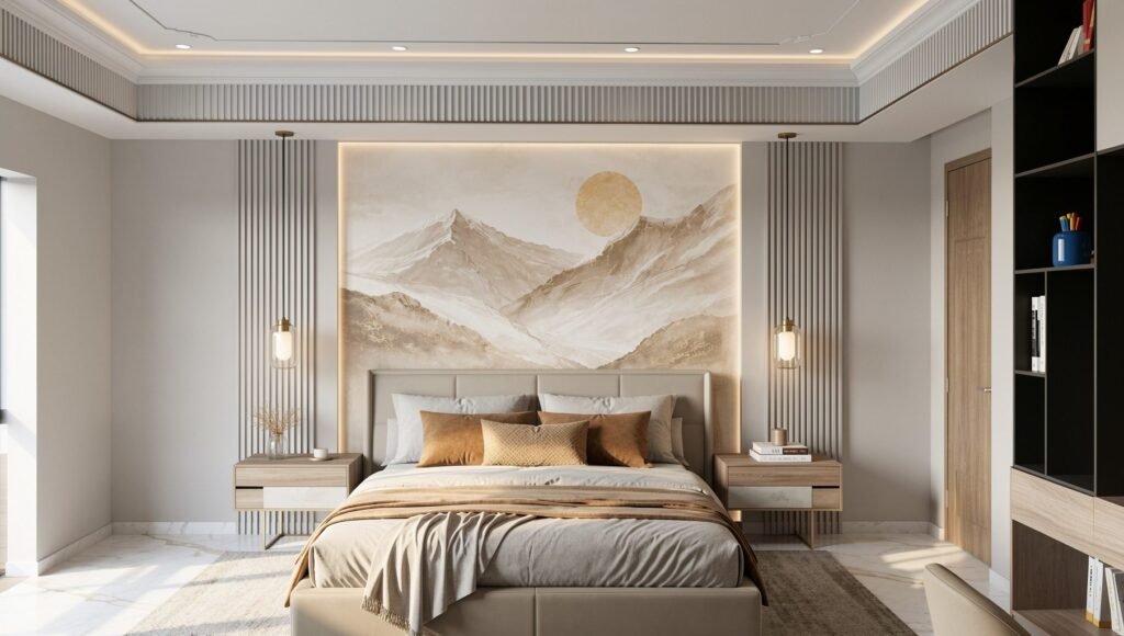 Master bedroom with mountain mural headboard wall by Abacus Design Studio