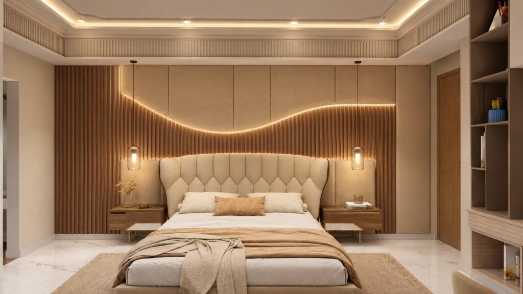 Bedroom with wave-shaped fluted wooden panel and cove lighting by Abacus Design Studio