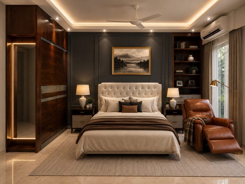 Master bedroom with dark wall panelling, wardrobe and leather recliner by Abacus Design Studio
