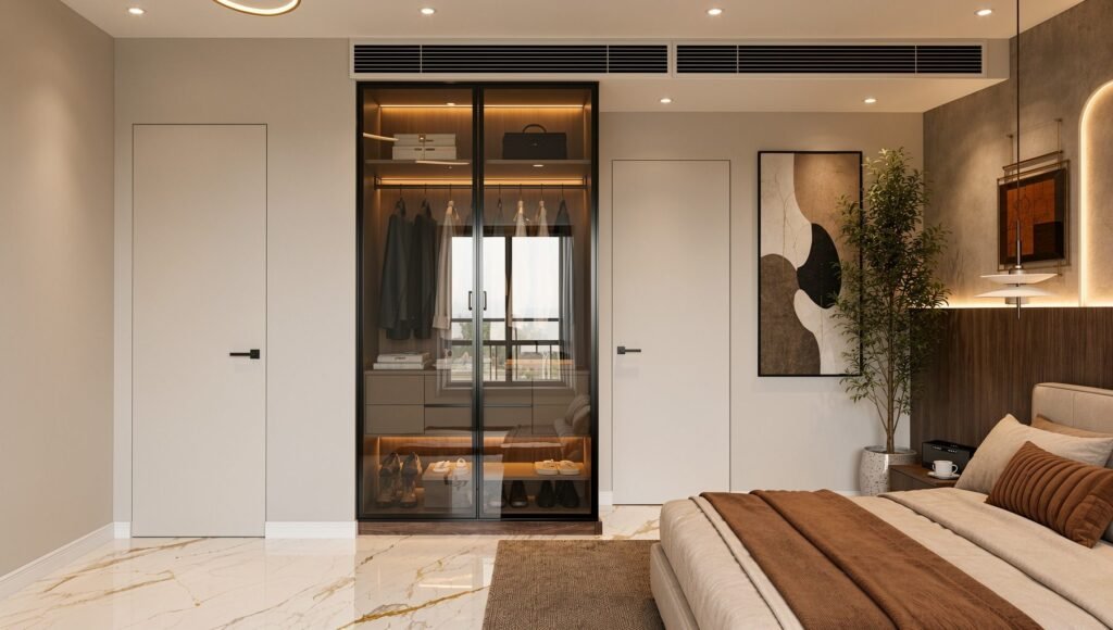 Bedroom with glass walk-in wardrobe and marble flooring by Abacus Design Studio