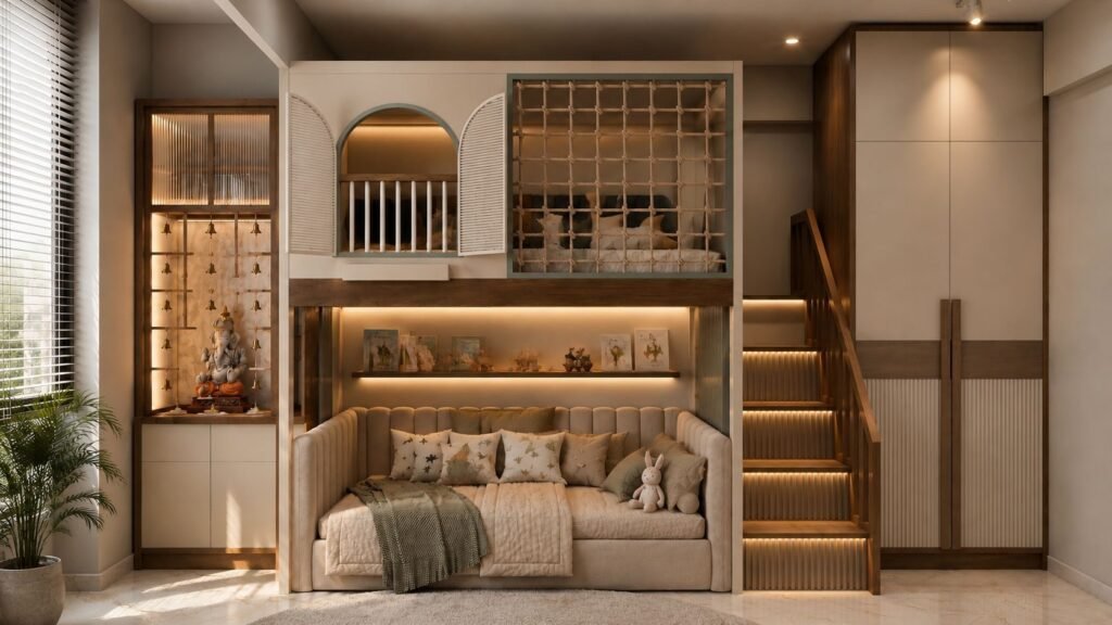 Kids room with loft bunk bed, staircase storage and play area by Abacus Design Studio