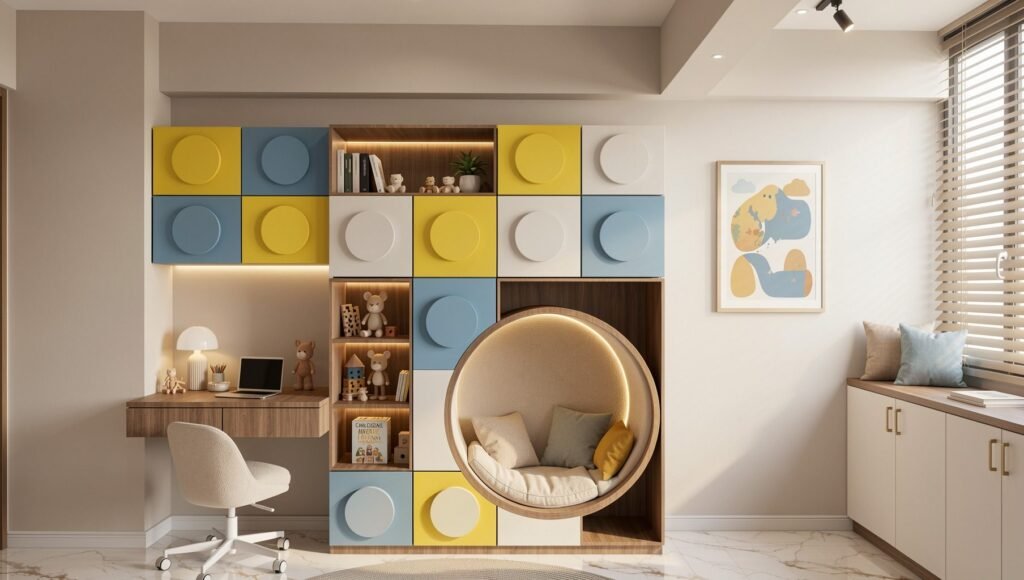 Kids room with colourful lego-style wall storage and study desk by Abacus Design Studio