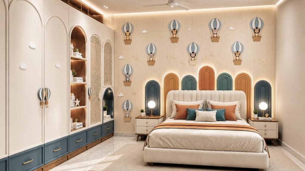 Themed kids bedroom with hot air balloon wall and arched headboard by Abacus Design Studio