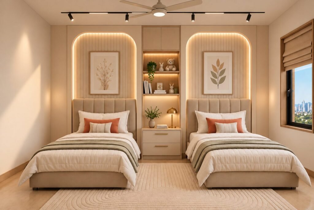 Twin bedroom with backlit arched panels and shelving by Abacus Design Studio
