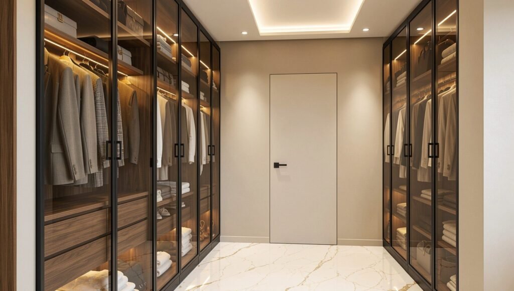 Walk-in wardrobe with tinted glass shutters and lighting by Abacus Design Studio
