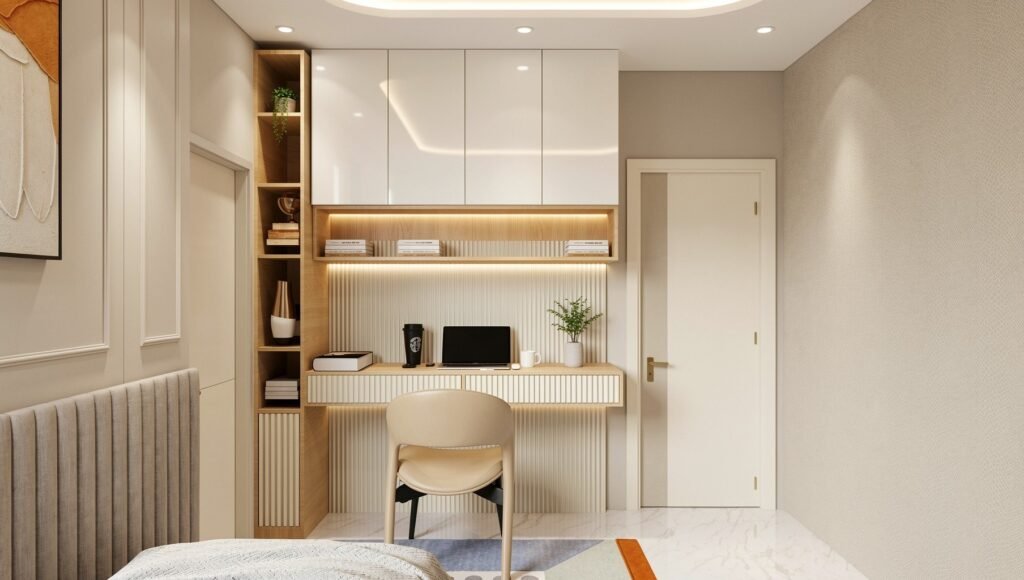Bedroom study unit with fluted panel, open shelves, overhead storage and cove lighting by Abacus Design Studio