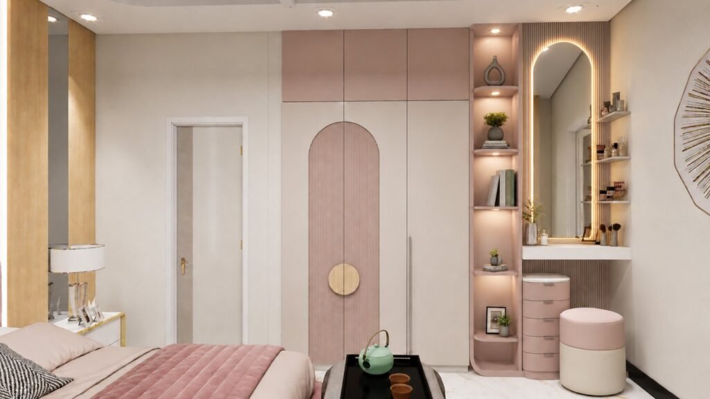 Bedroom with pink arched fluted wardrobe, backlit mirror dresser and display niches by Abacus Design Studio