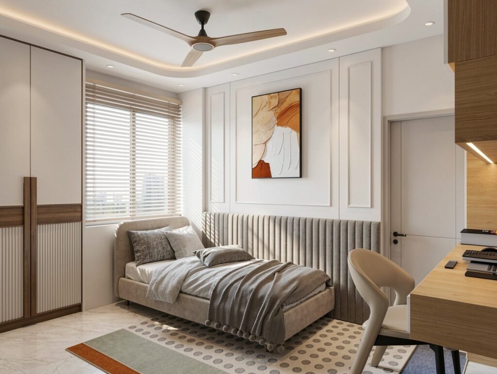 Bedroom with upholstered channel-tufted wall, moulded panels and single bed by Abacus Design Studio