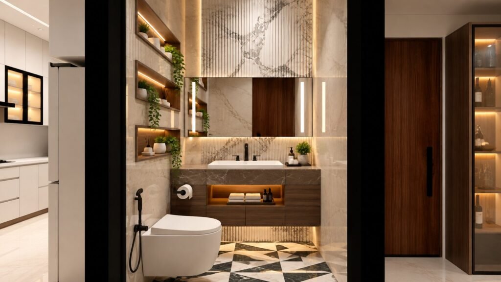 Luxury bathroom with fluted marble wall, floating walnut vanity, backlit mirror and geometric marble floor by Abacus Design Studio