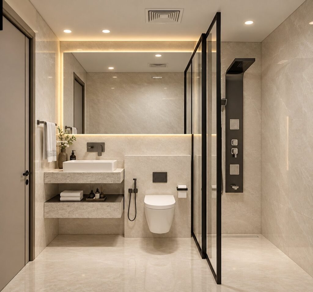 Minimal beige stone bathroom with black-framed glass shower, wall-hung WC and backlit mirror by Abacus Design Studio