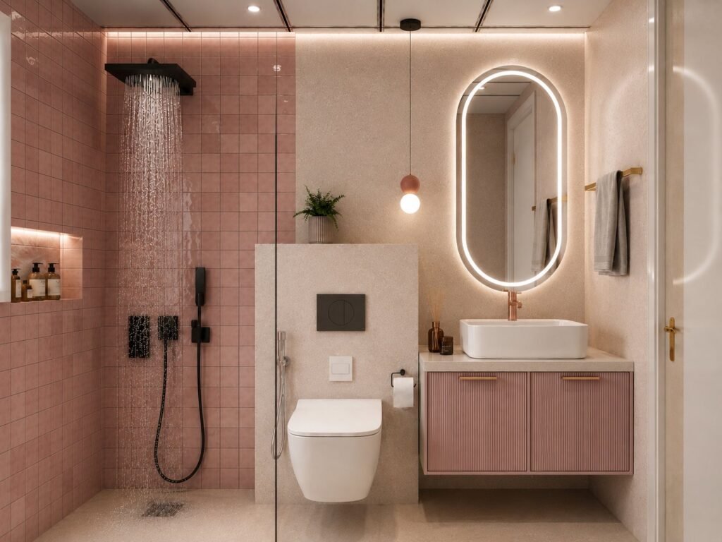 Pink tiled bathroom with rain shower, oval LED mirror and fluted pink vanity by Abacus Design Studio