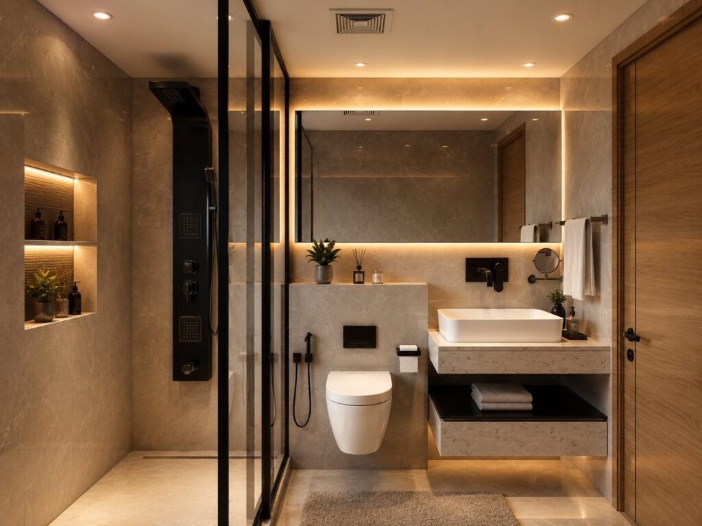 Warm-lit bathroom with backlit niches, black shower panel and floating marble vanity by Abacus Design Studio