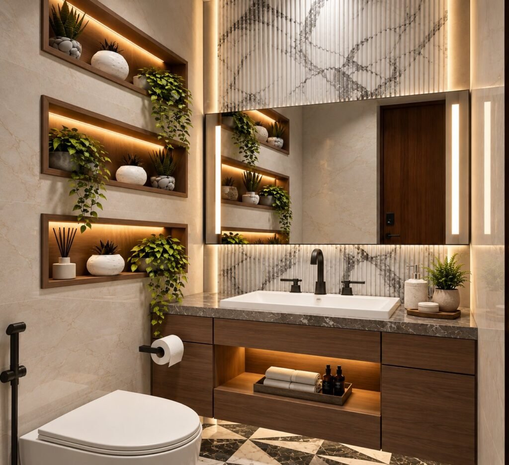 Powder room with backlit wooden planter niches, fluted marble wall and walnut vanity by Abacus Design Studio