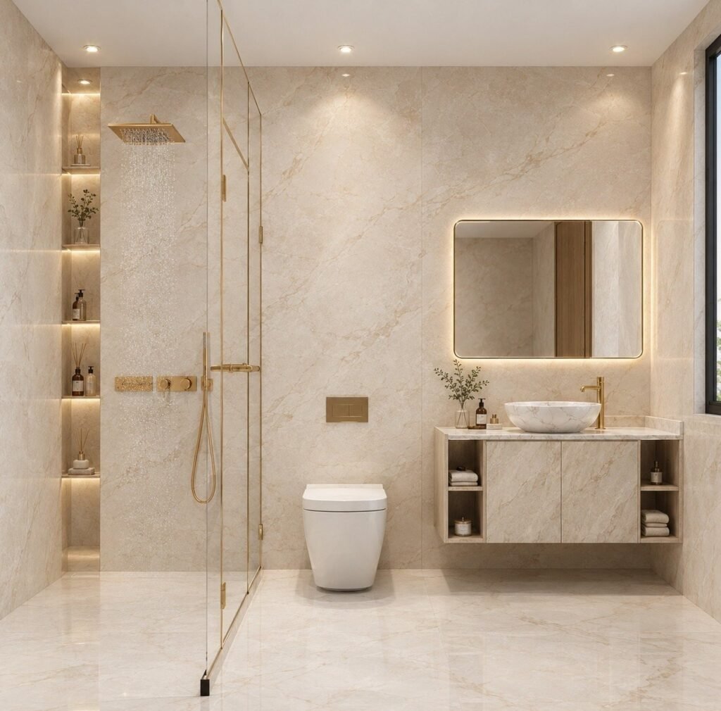 Cream marble bathroom with gold rain shower, backlit niches, vessel basin and floating vanity by Abacus Design Studio