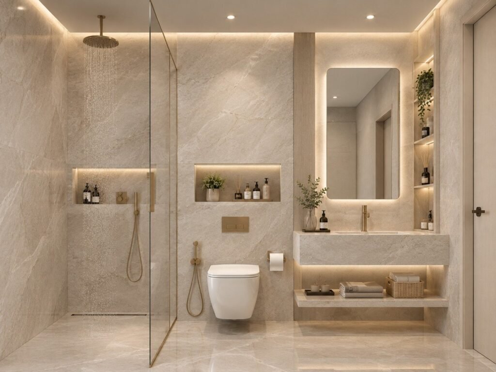 Beige stone bathroom with brushed gold fittings, walk-in shower, lit niches and floating stone vanity by Abacus Design Studio