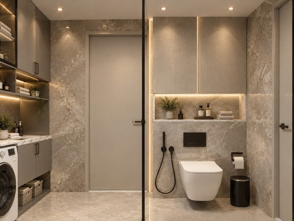 Bathroom with integrated laundry storage, wall-hung WC, backlit niche and grey marble walls by Abacus Design Studio