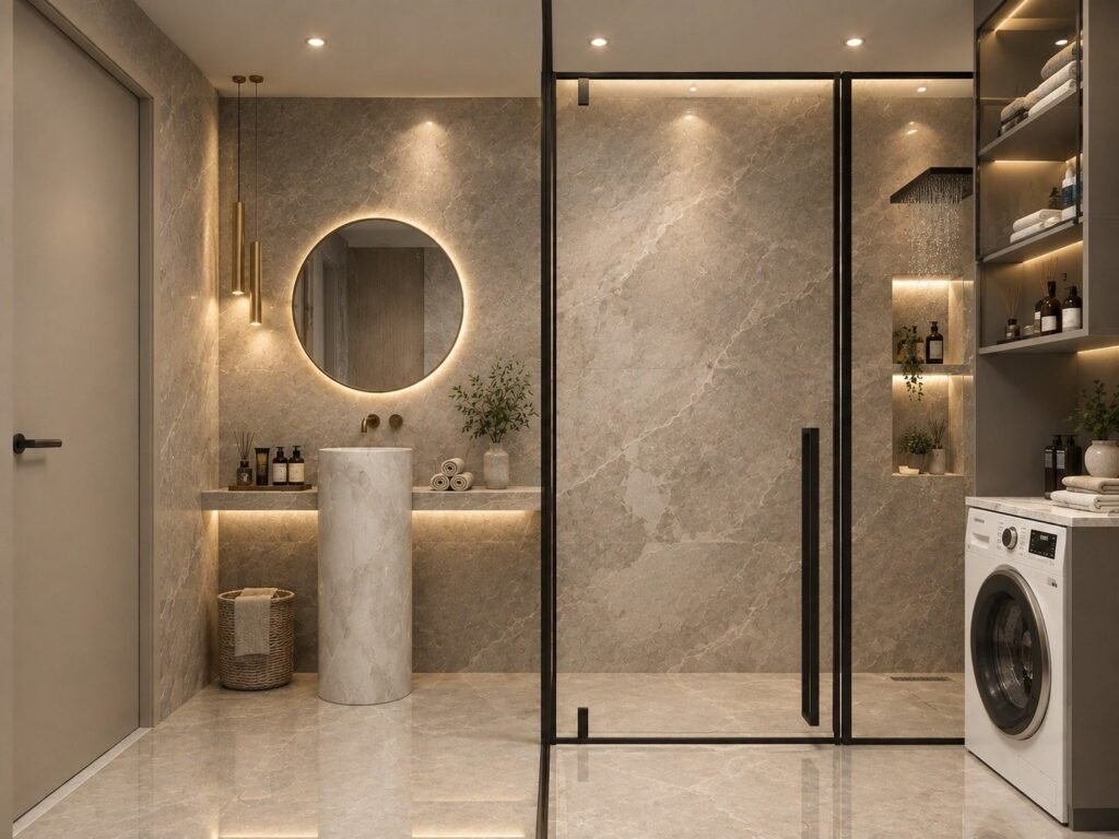 Bathroom with marble pedestal basin, round backlit mirror, black-framed shower and laundry unit by Abacus Design Studio