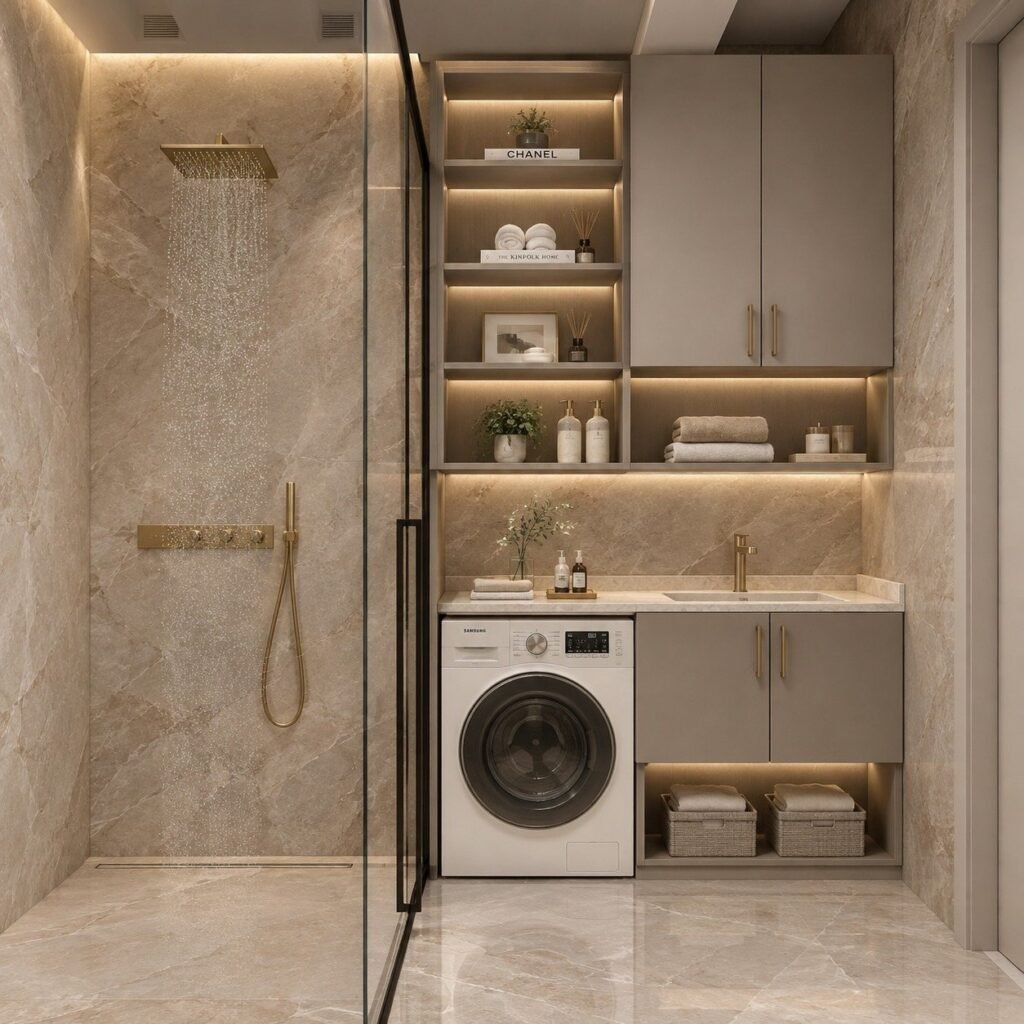 Bathroom with laundry nook, lit open shelving, gold rain shower and marble walls by Abacus Design Studio