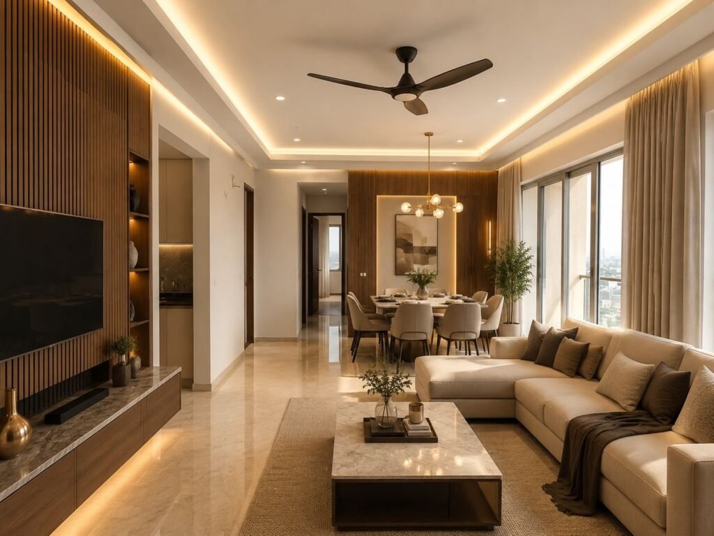 Open living and dining room with fluted wood TV wall, cove-lit ceiling and marble coffee table by Abacus Design Studio