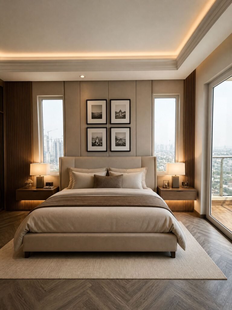 Master bedroom with upholstered wall panels, fluted wood columns, floating side tables and herringbone flooring by Abacus Design Studio