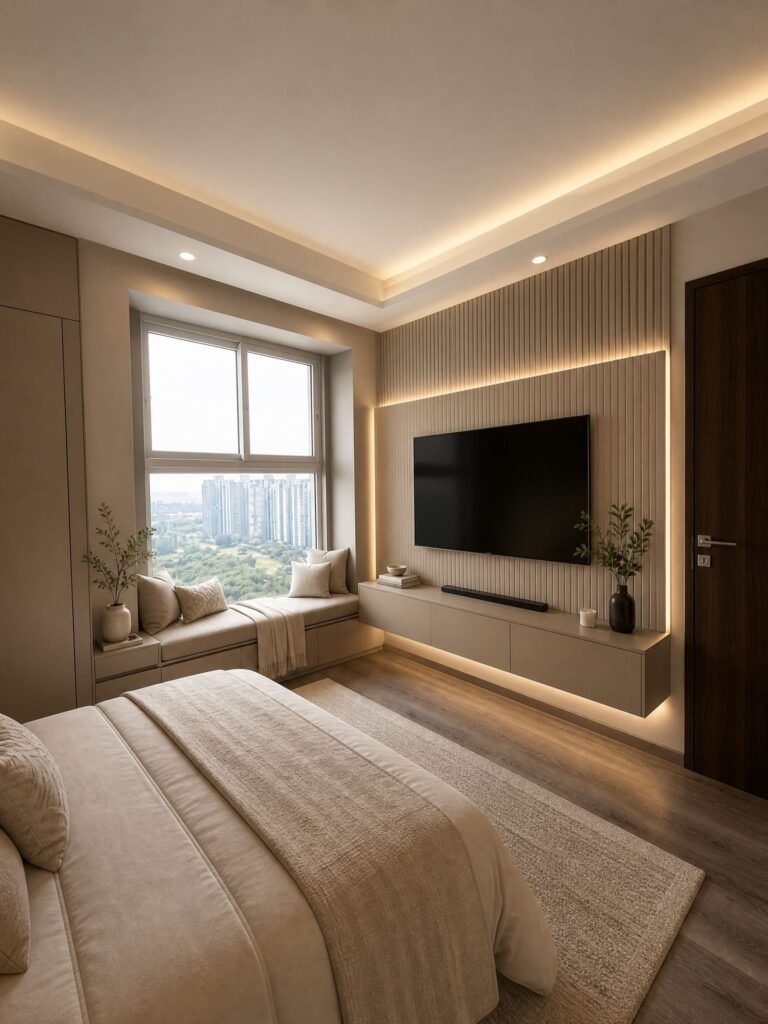 Bedroom with backlit fluted TV wall, floating console and cushioned window seat with city view by Abacus Design Studio