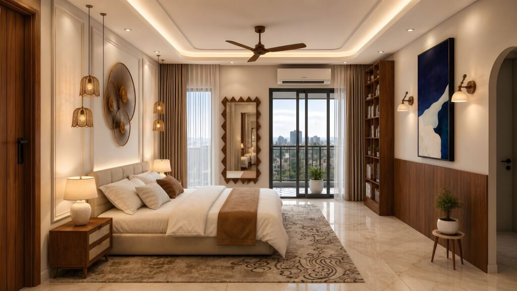 Bedroom with rattan pendant lights, sculptural wall art, walnut bookshelf and wood wainscoting by Abacus Design Studio