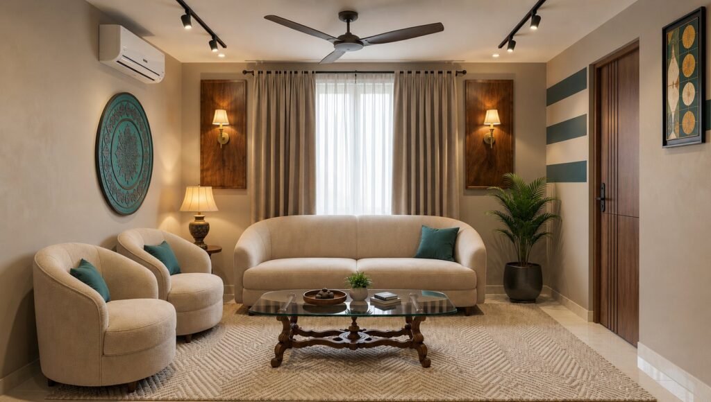 Living room with curved boucle sofa, teal accents, walnut-backed wall sconces and track lighting by Abacus Design Studio