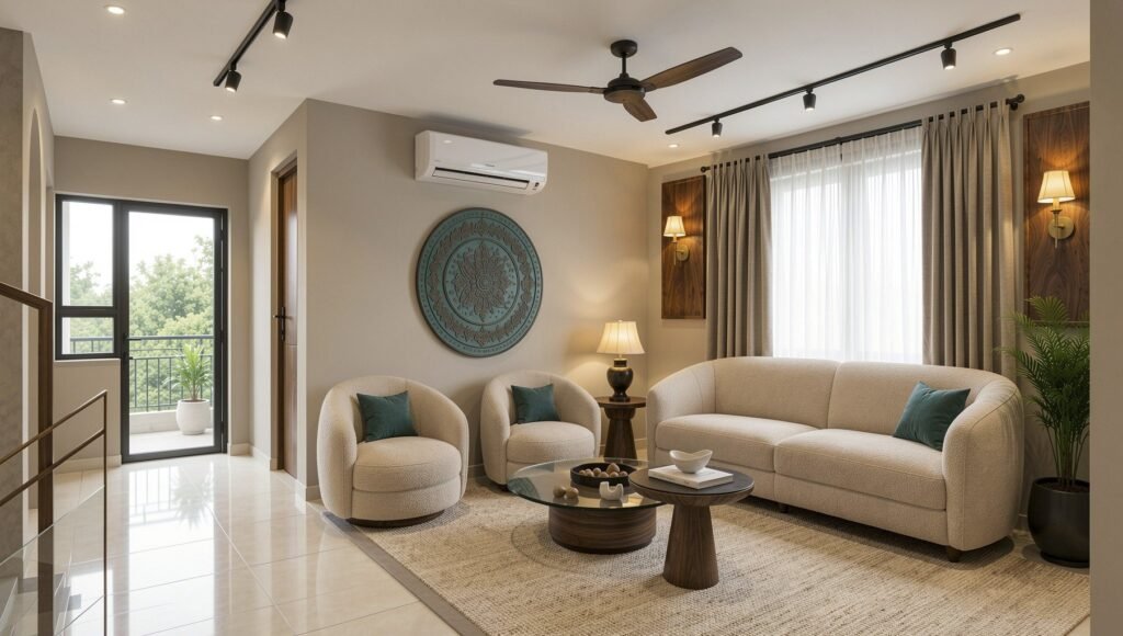 Family lounge with curved boucle sofa and chairs, carved teal wall art and walnut side tables by Abacus Design Studio