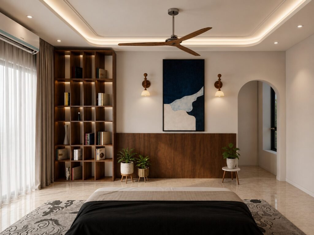 Bedroom with backlit walnut bookshelf, wood wall panelling, abstract art and arched opening by Abacus Design Studio