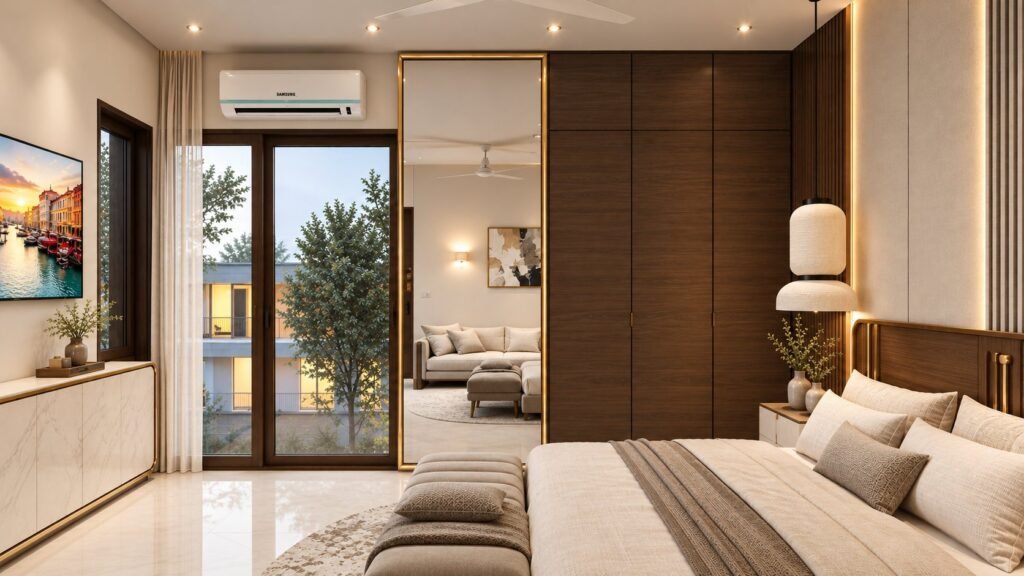 Bedroom with walnut wardrobe, gold-trimmed full-height mirror, marble console and balcony doors by Abacus Design Studio