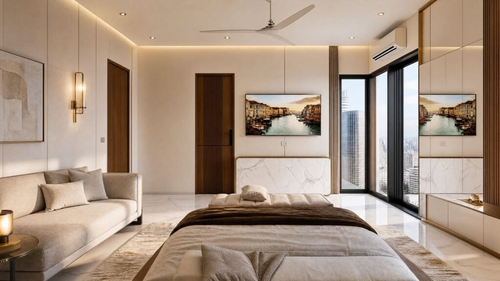 Luxury bedroom with lounge sofa, marble console with brass trim, fluted wood door and city-view windows by Abacus Design Studio